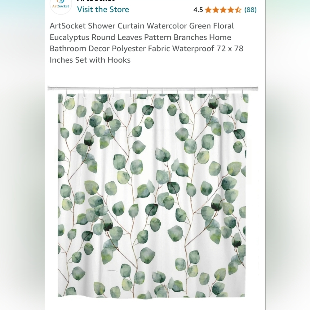 NIB green eucalyptus leaf shower curtain with hooks
